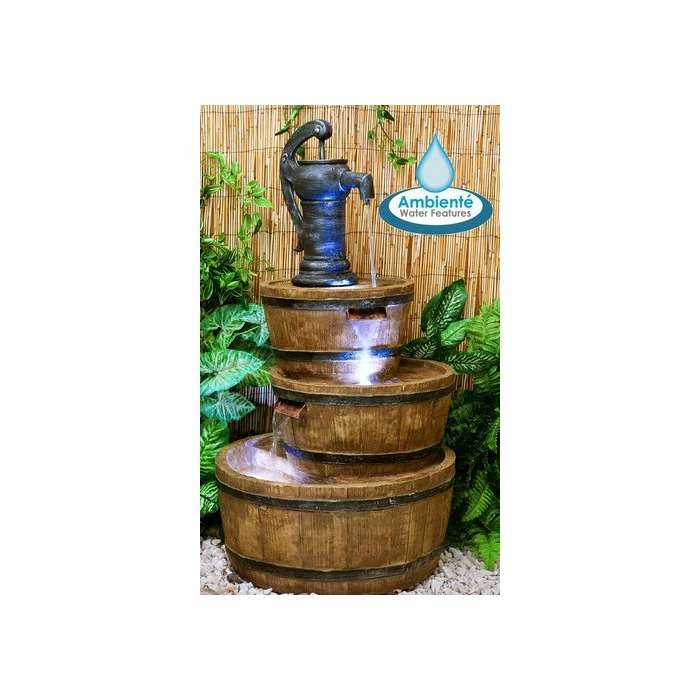 H92cm London 3-Tier Barrel & Pump Water Feature with Lights by Ambienté 3 H92cm London 3-Tier Barrel & Pump Water Feature with Lights by Ambienté