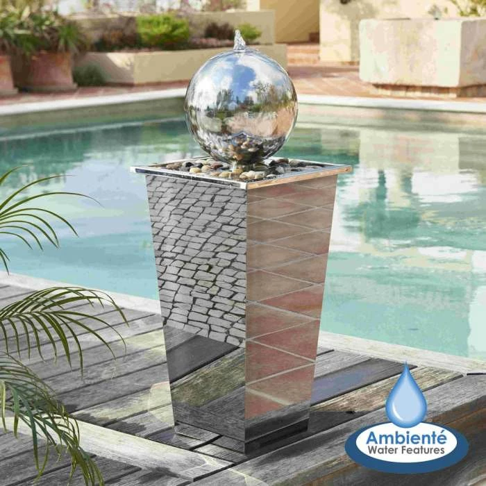 H83cm Hiro Sphere Stainless Steel Water Feature with Lights by Ambienté 3 H83cm Hiro Sphere Stainless Steel Water Feature with Lights by Ambienté