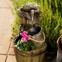 60cm Rustic Tap Bucket And Barrel Tiered Planter Water Feature With Lights By Ambienté -Water Features Store WF10454 3 35a5