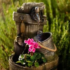60cm Rustic Tap Bucket And Barrel Tiered Planter Water Feature With Lights By Ambienté -Water Features Store WF10454 4 20de