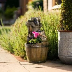 60cm Rustic Tap Bucket And Barrel Tiered Planter Water Feature With Lights By Ambienté -Water Features Store WF10454 5 718c