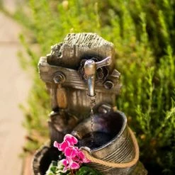 60cm Rustic Tap Bucket And Barrel Tiered Planter Water Feature With Lights By Ambienté -Water Features Store WF10454 6 6efc