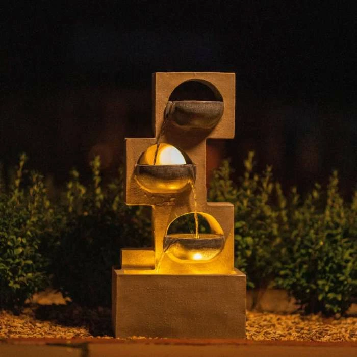 53cm Solar Grey Column Pouring Bowls Tiered Cascading Water Feature With Battery Backup and Lights By Solaray 4 53cm Solar Grey Column Pouring Bowls Tiered Cascading Water Feature With Battery Backup and Lights By Solaray - Image 2