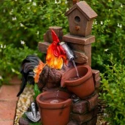 57cm Solar Rooster Pouring Pots Tiered Cascading Water Feature With Battery Backup and Lights By Solaray -Water Features Store WF10470 7 090c
