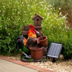 57cm Solar Rooster Pouring Pots Tiered Cascading Water Feature With Battery Backup and Lights By Solaray