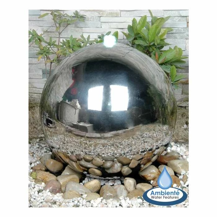 H75cm Polished Sphere Stainless Steel Water Feature with Lights by Ambienté 3 H75cm Polished Sphere Stainless Steel Water Feature with Lights by Ambienté