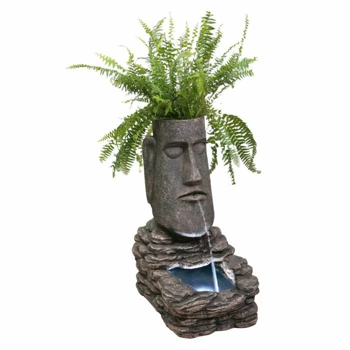 H73cm Easter Island Solar Head Water Feature & Planter with Lights by Solaray 4 H73cm Easter Island Solar Head Water Feature & Planter with Lights by Solaray - Image 2