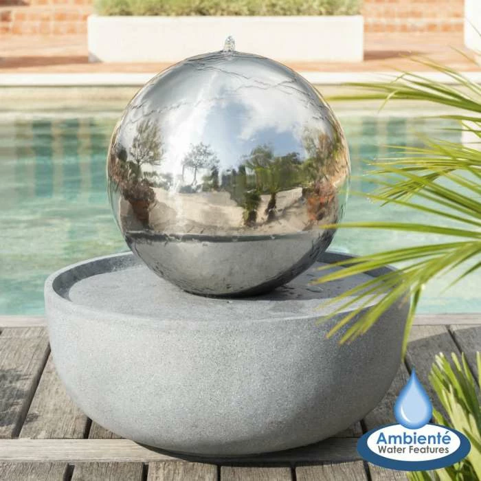 H76cm Eclipse Sphere Stainless Steel Water Feature with Lights by Ambienté 3 H76cm Eclipse Sphere Stainless Steel Water Feature with Lights by Ambienté