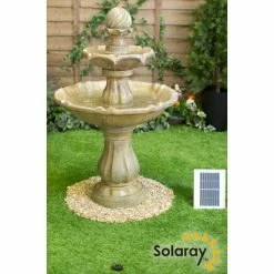 H92cm Cream Imperial Round Tiered Solar Water Fountain with Lights by Solaray
